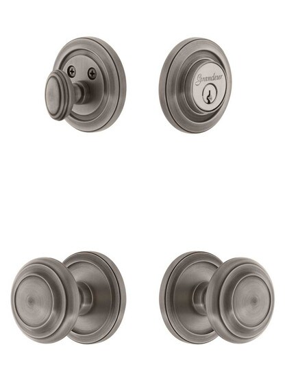 Grandeur Circulaire Entry Door Set, Keyed Alike with Circulaire Knobs in Antique Pewter.